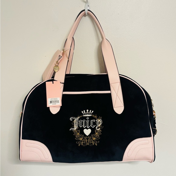 Juicy Couture Black & Pink Velour Queen Of Everything Weekender Duffle Bag NWT - Picture 6 of 13